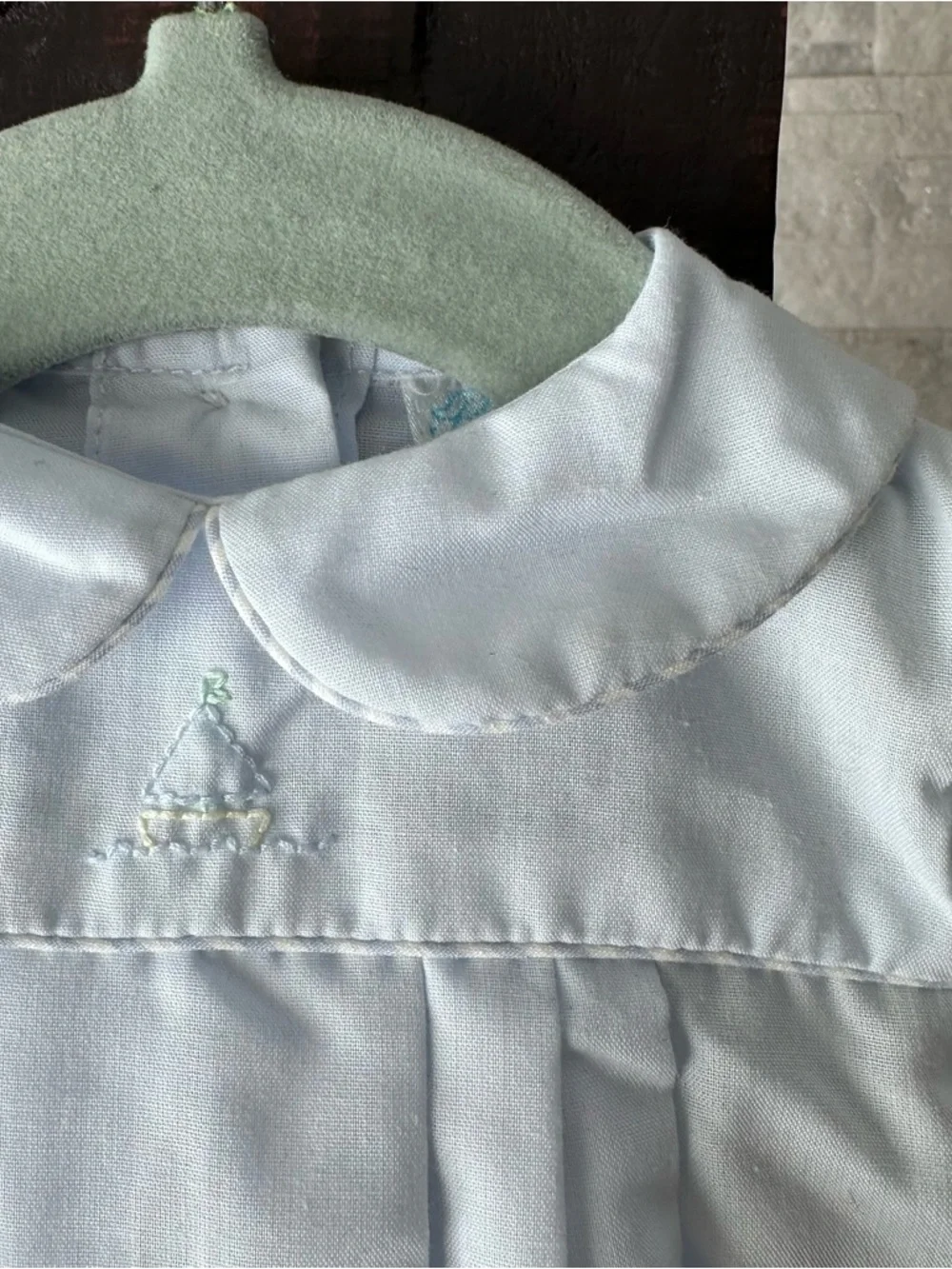 Petit Ami Light Blue Embroidered Sailboat Bubble Coastal Nautical Romper Preemie